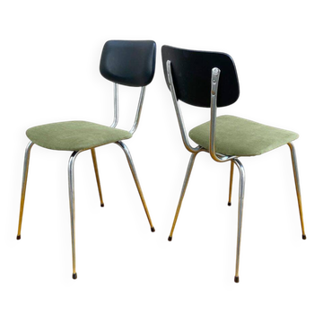 Pair of chrome metal, black leatherette and green velvet chairs, 1970s