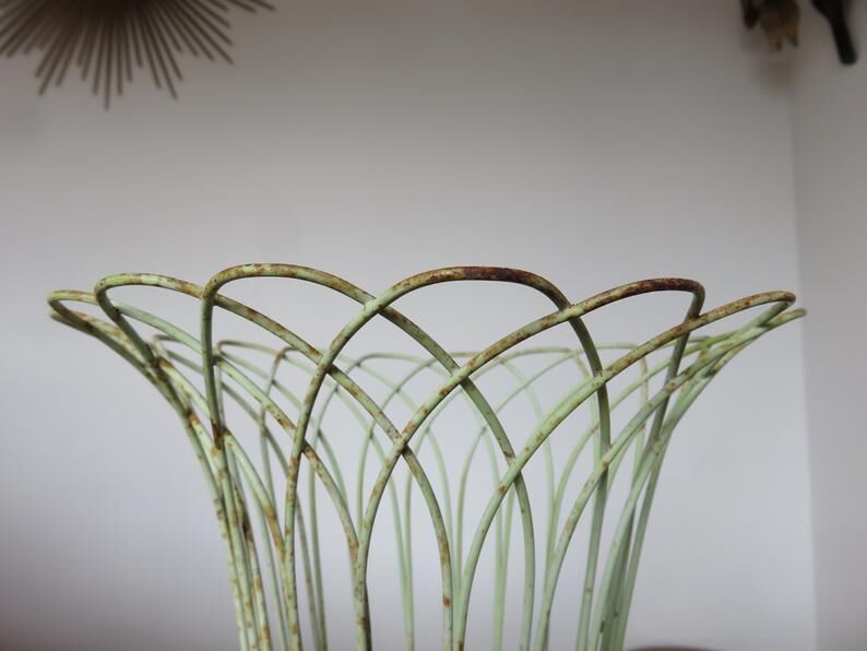 Cache pot tripod in pale green metal and yellow 50 60 years