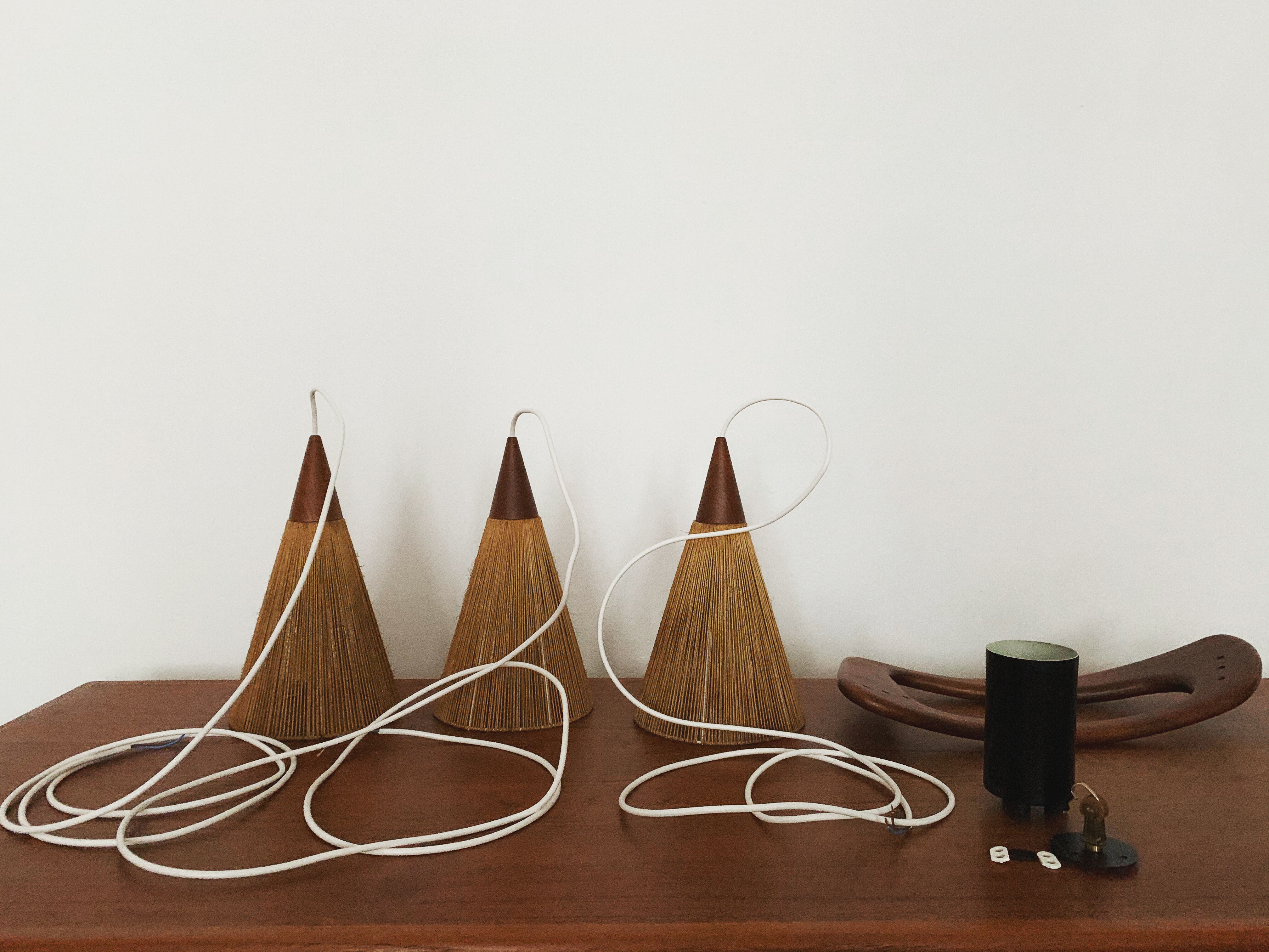Teakwood and raffia bast cascading lamp by Rispal