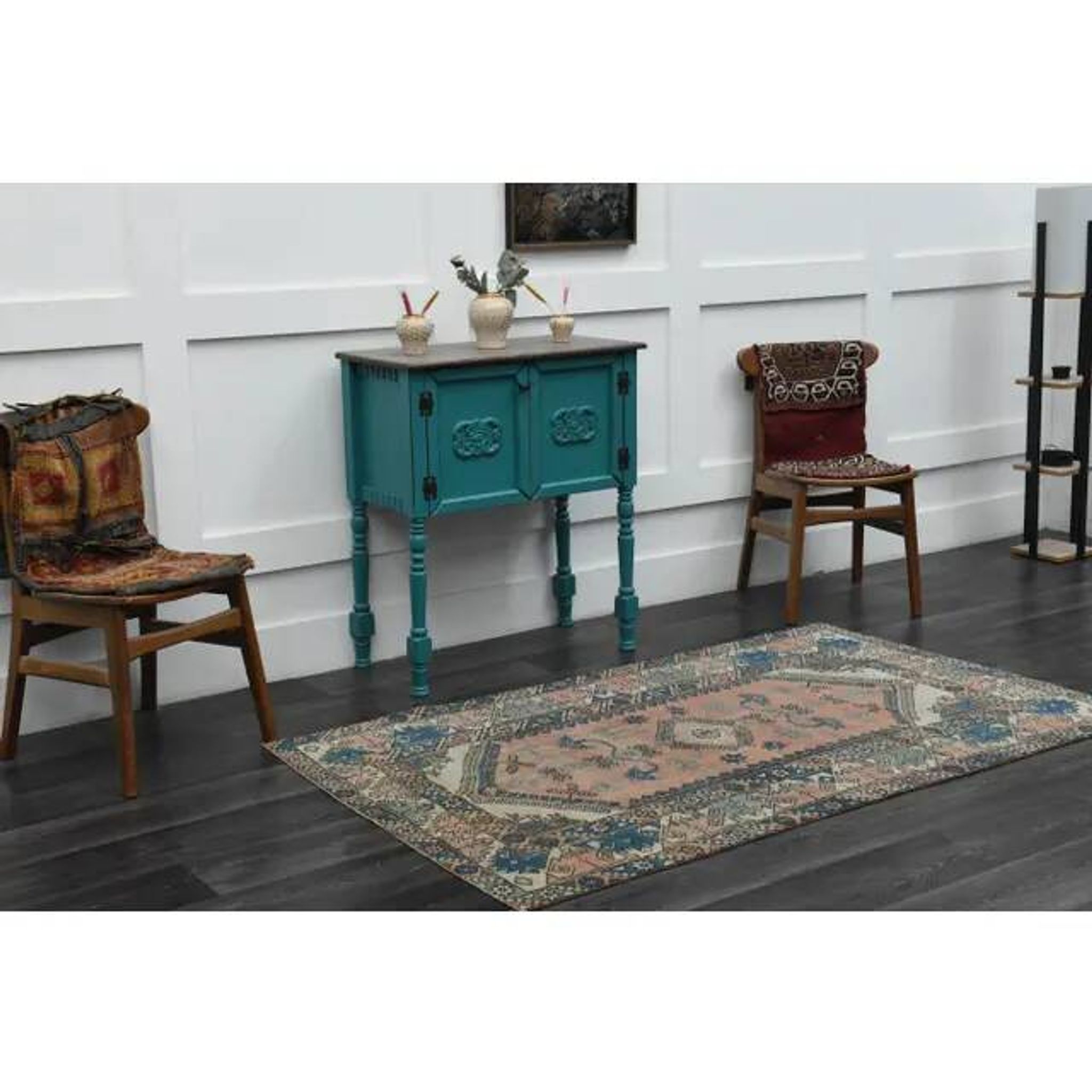 1970s Vintage Turkish Handmade Wool & Cotton Pink Area Rug