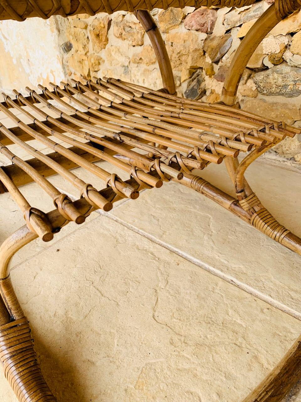 Table basse vintage en bambou et rotin dans le goût de Tito Agnoli, circa 1960