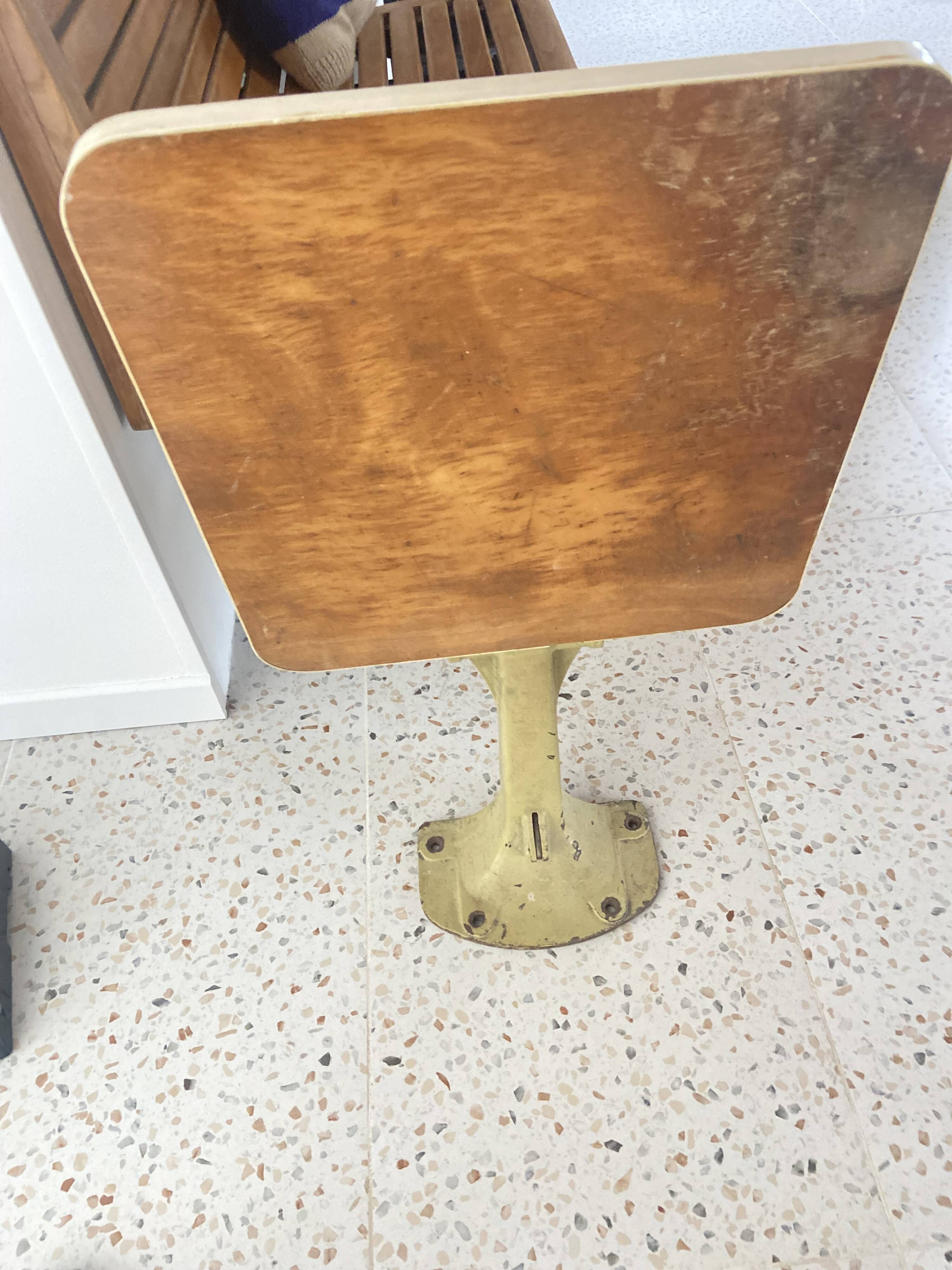 Old folding train table or wooden strapontin 1920 metal base