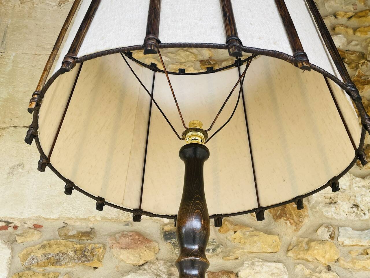Vintage Floor Lamp Turned Wood, Bamboo Rattan Circa 1950s
