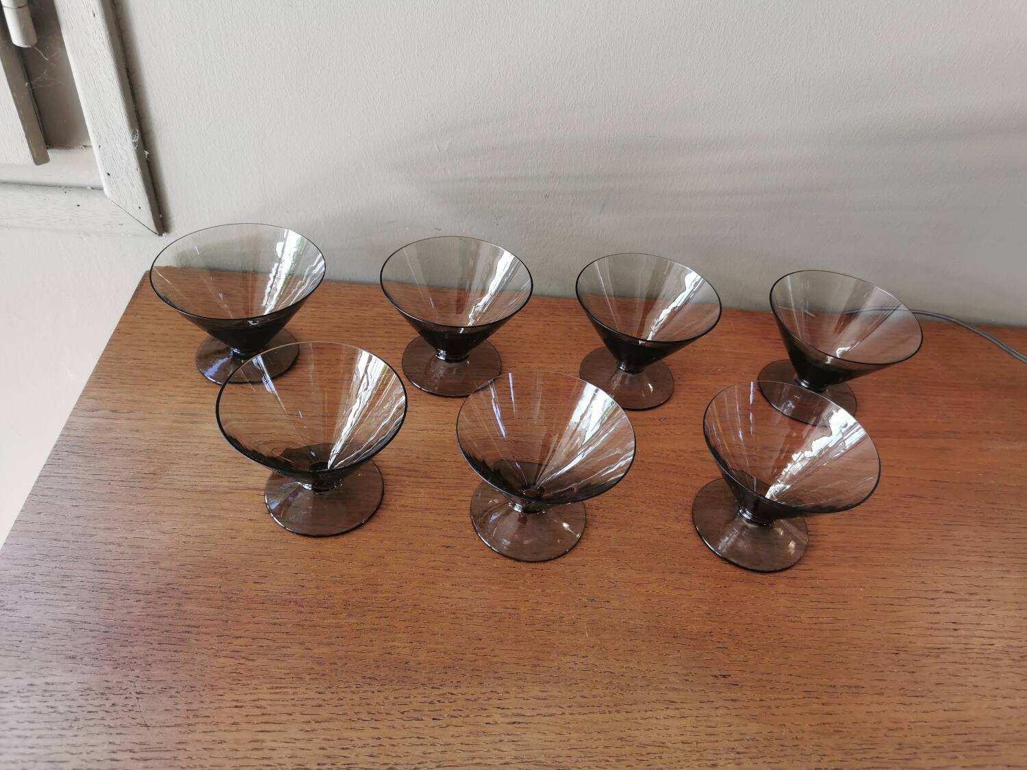 Set of 7 smoked glass art deco cups