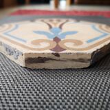 Antique earthenware tile, thick, octagonal shape, polychrome patterns