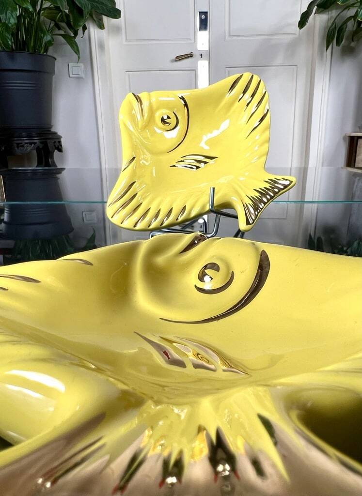 Soap Holder - Pair - Yellow Earthenware - Vintage Fish Bathroom Accessory