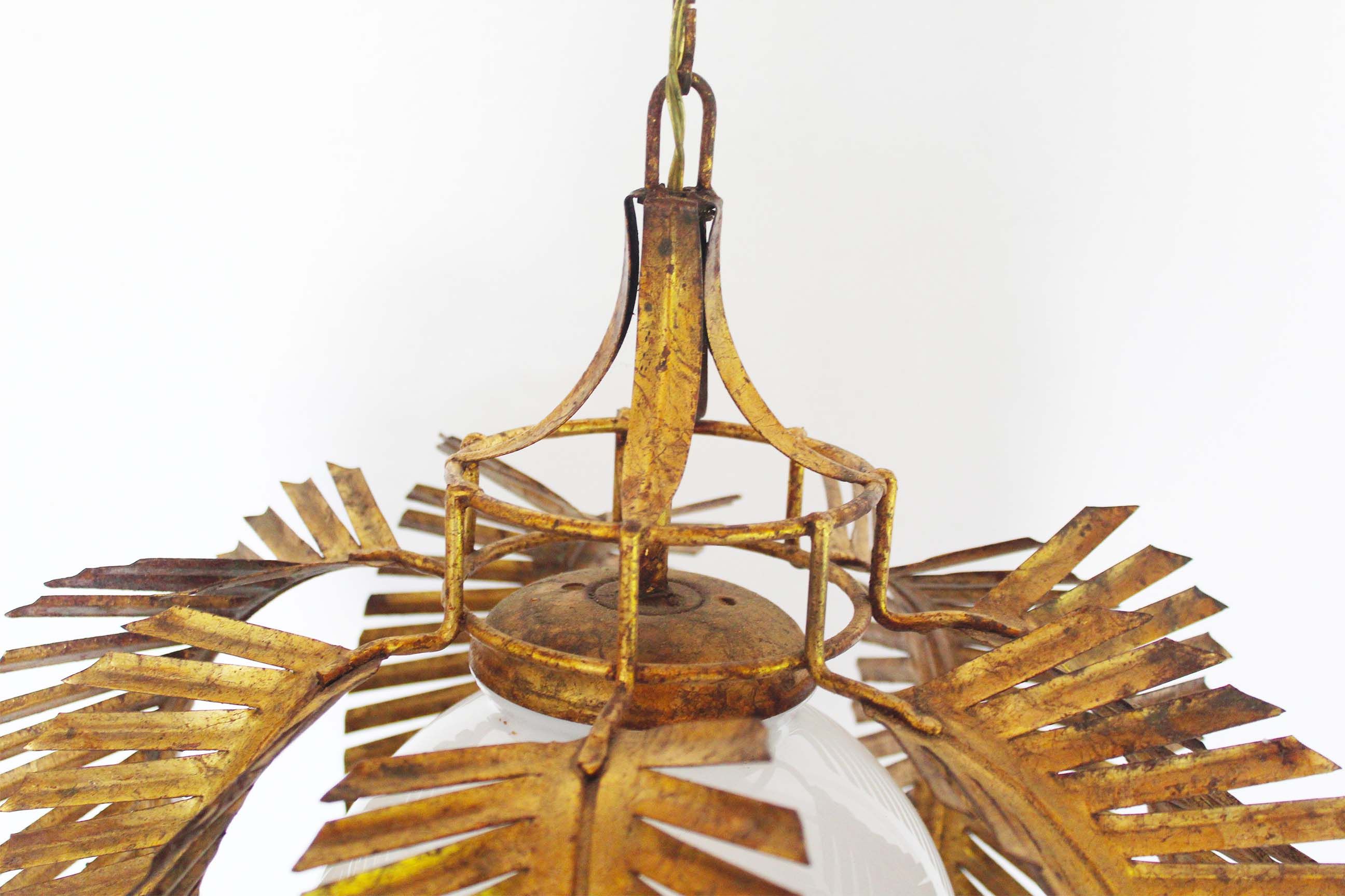 Gilt palm leaf and opaline glass pendant light by Hans Kögl