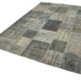 Hand-Knotted Turkish Vintage 202 cm x 300 cm Grey Patchwork Rug