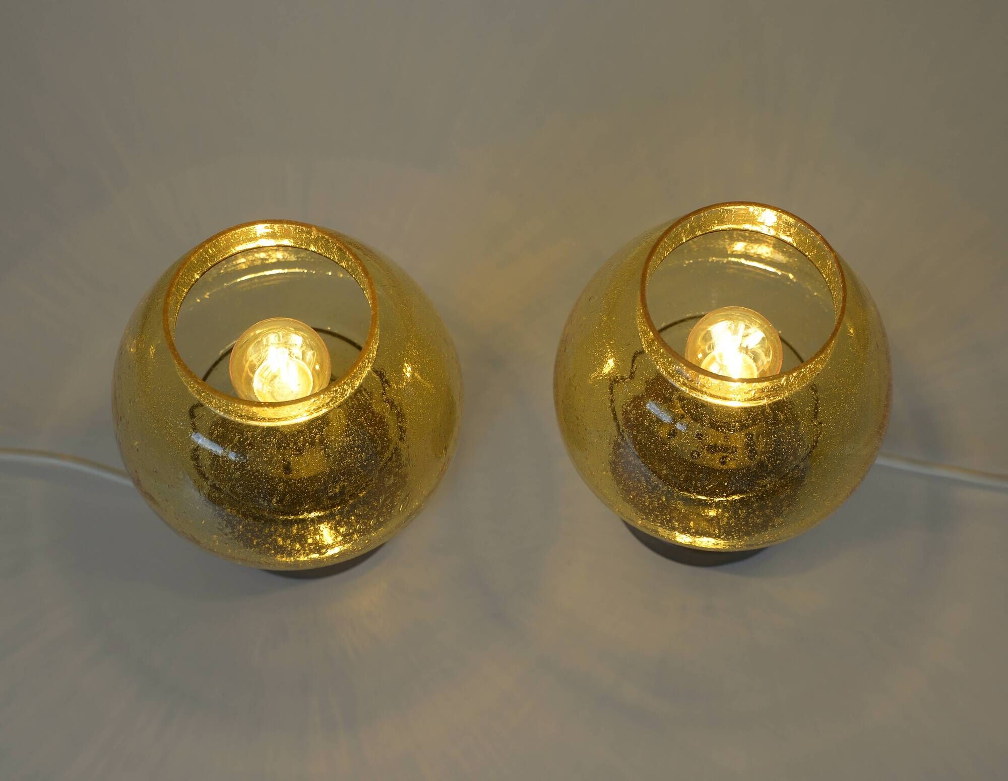 Pair Vintage Amber Glass Bedside Lamps, Copper Wood, Yugoslavia 1980s