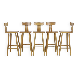 5x Bar Stool T-back in Solid oak, 1970s