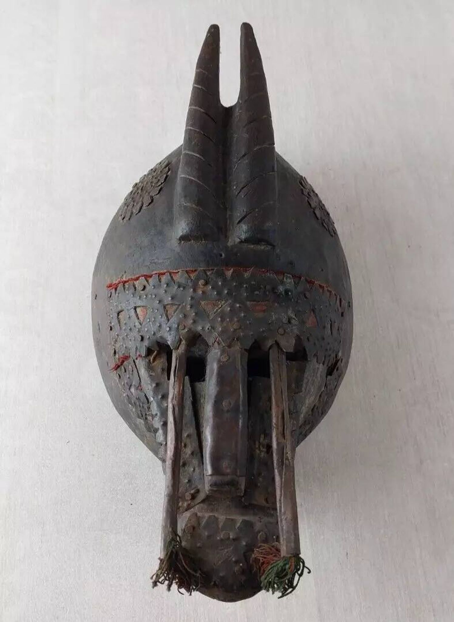 Antique African mask, carved wood and metal plates, Marka Mali