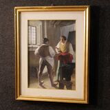 Italian painting interior scene with characters from XXth century
