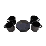 Set of 4 coffee cups and their black saucers Octime Arcoroc
