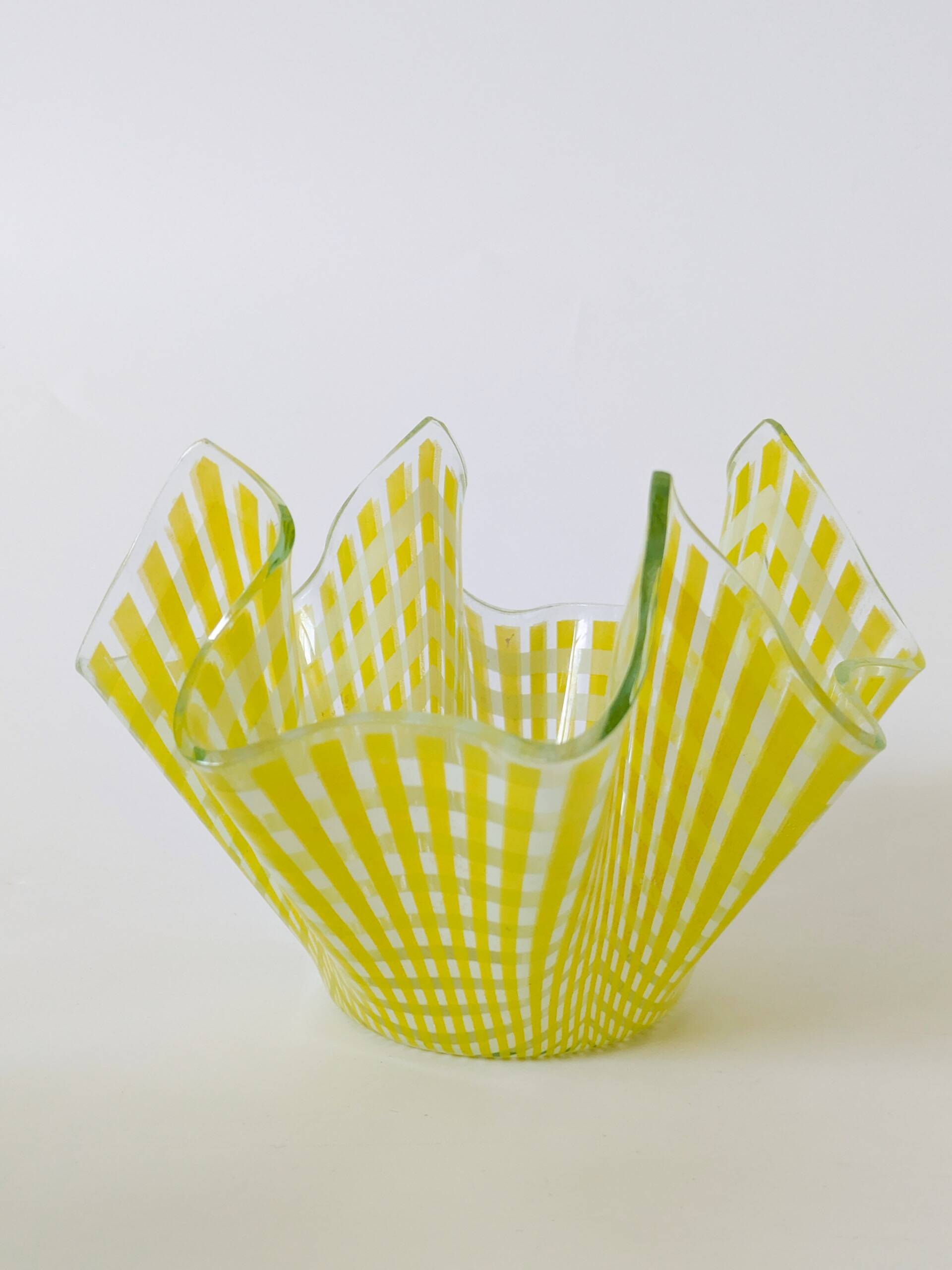 Pair of "Gingham" Chance Brothers cups with yellow checkered pattern and wavy edges.