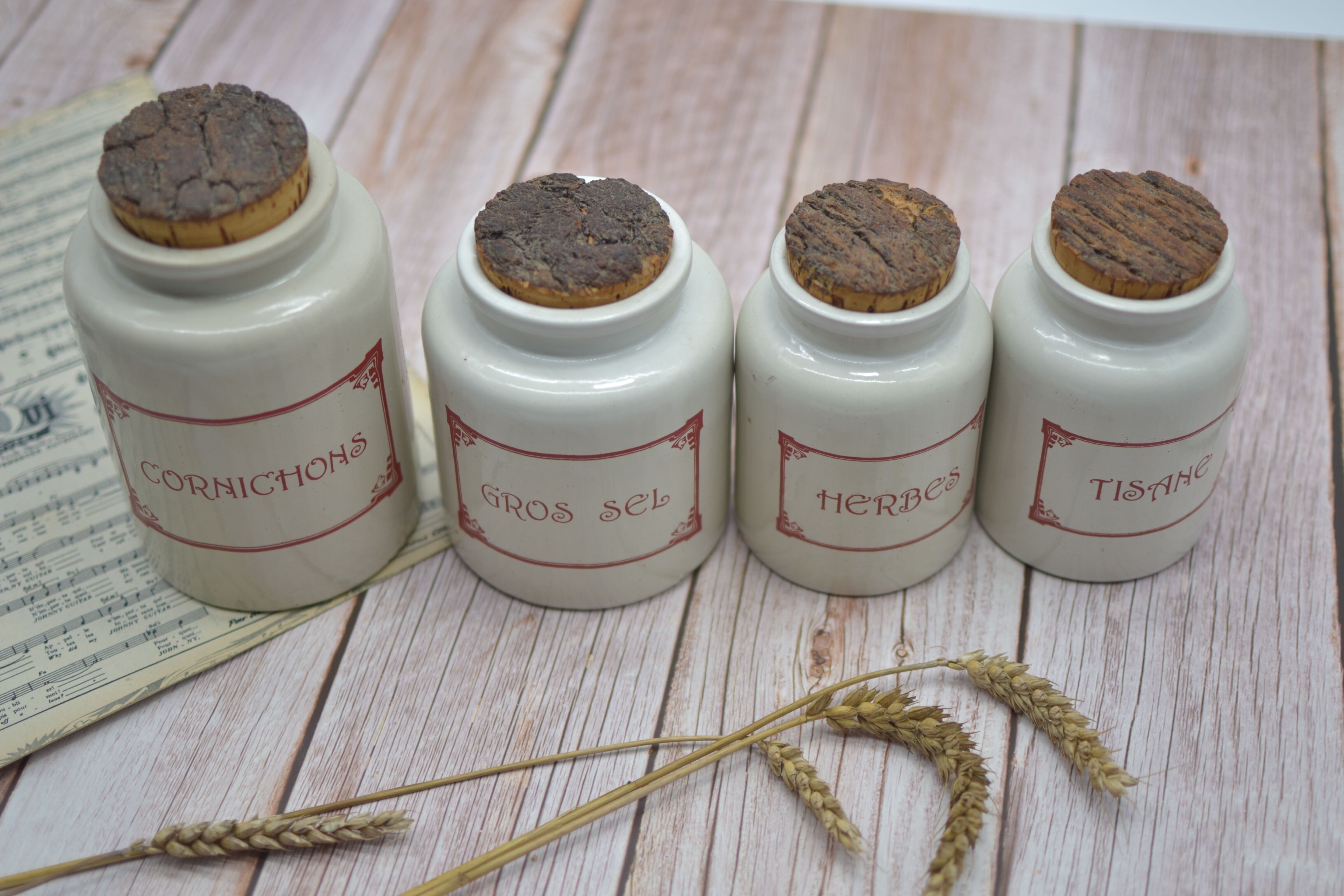 Ensemble de 4 pots à épices en grès avec couvercle d'origine en liège