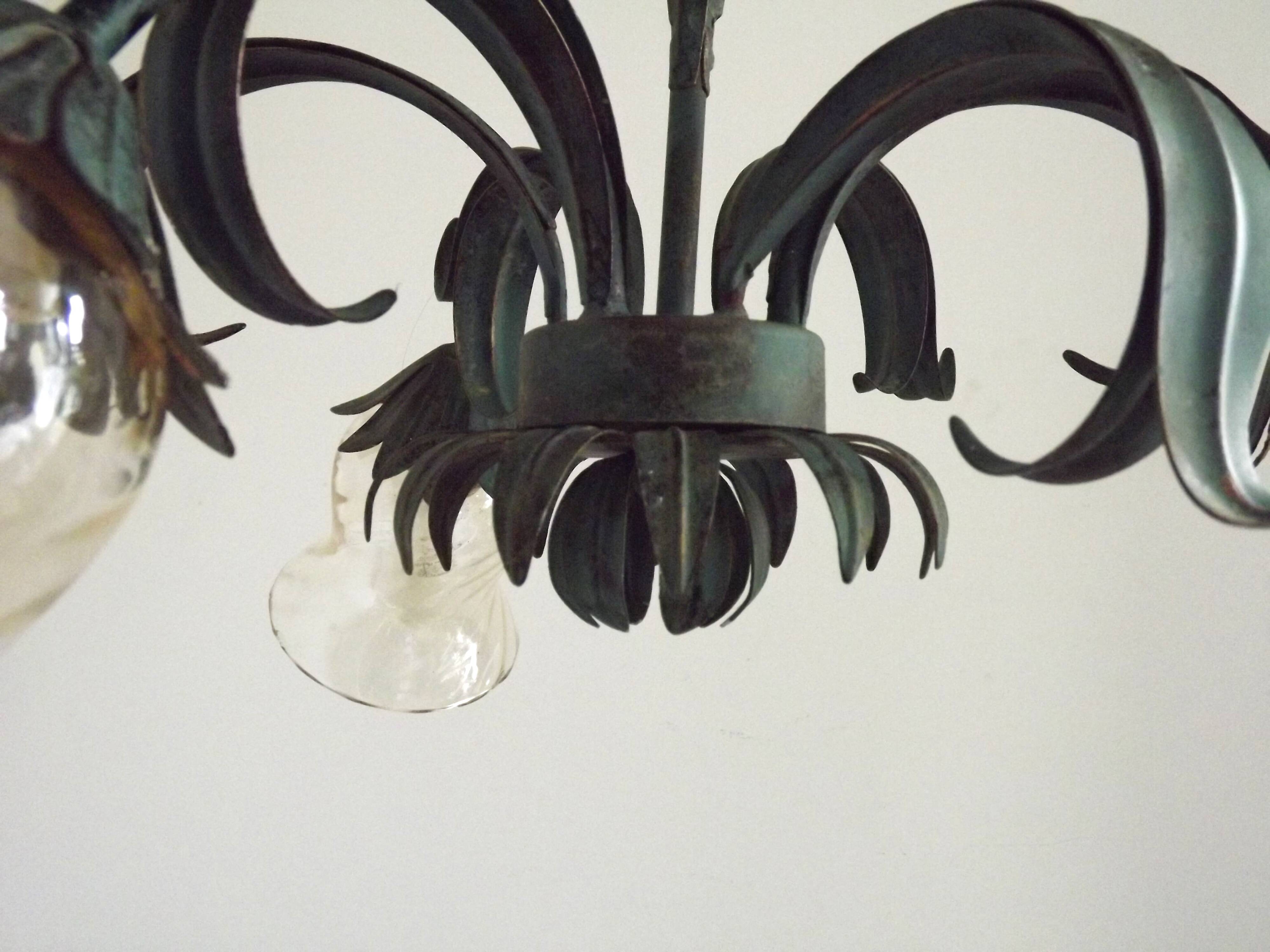 French vintage chandelier 3 lights green leaf amber glass 4966