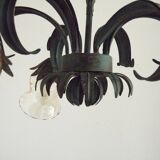 Vintage French Chandelier 3 Lights Green Leaves Amber Glass 4966
