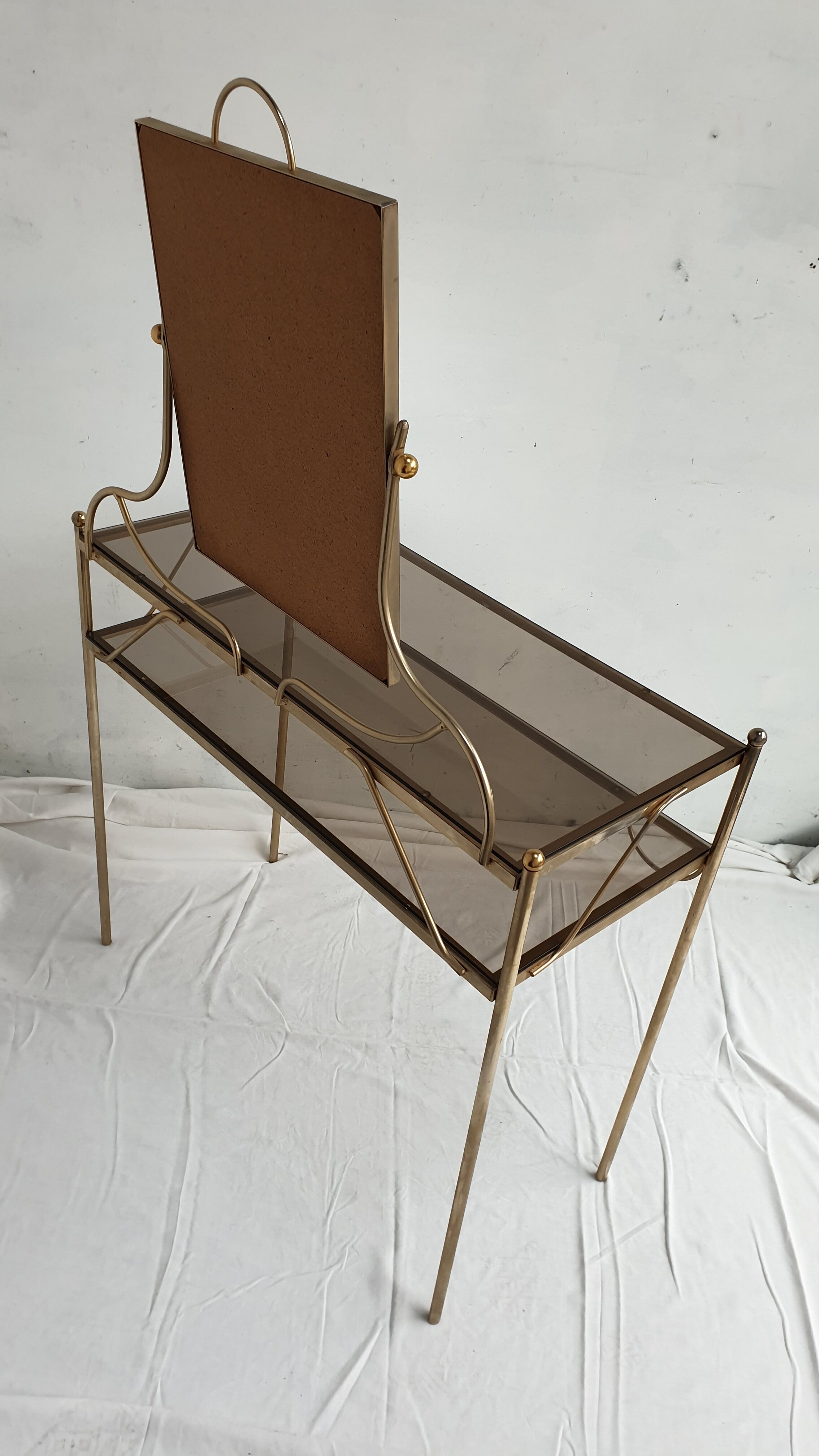 Vintage hairdresser 1950s brass and glass with mirror and matching seat