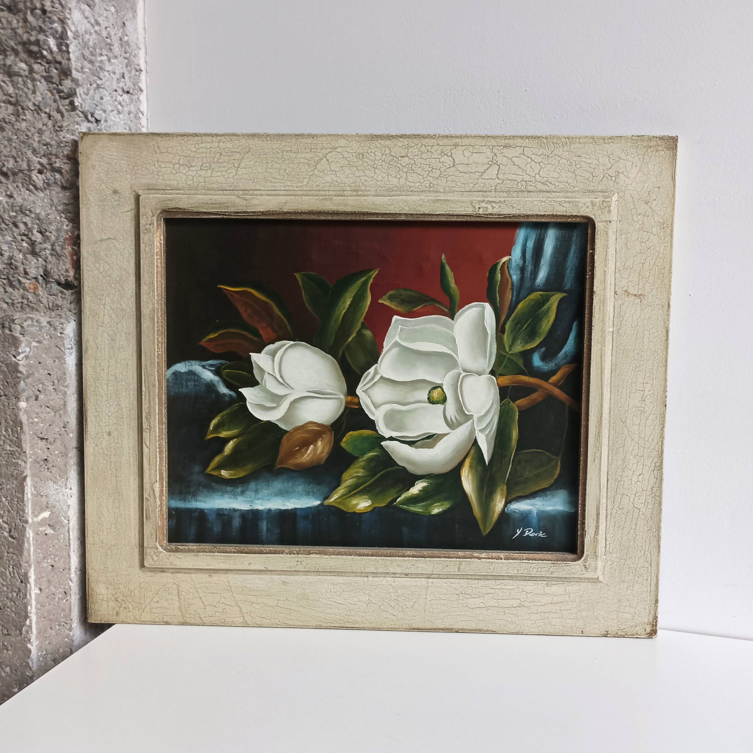Signed painting on canvas, still life with magnolias