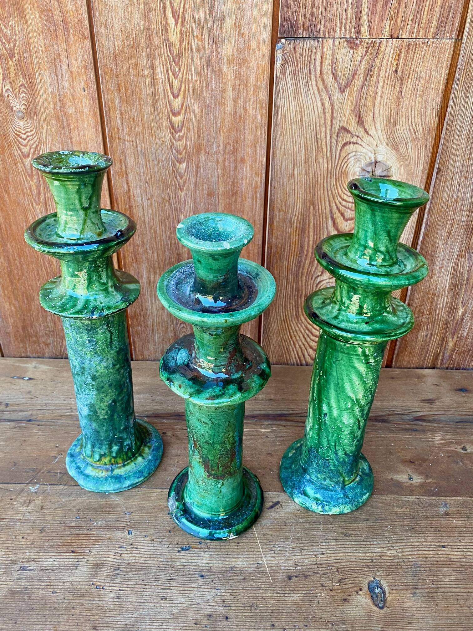 3 Tamegroute candle holders in green glazed ceramic from Morocco.