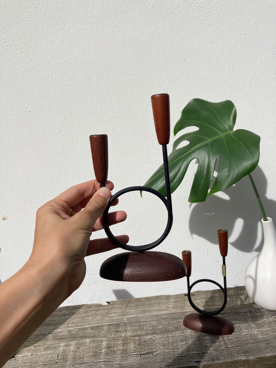Pair of Scandinavian candlesticks in wood and metal Denmark