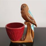 Cache pot figurative Perroquet barbotine marron bleu/vert