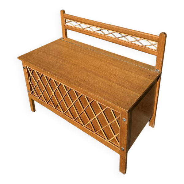 Banc coffre vintage 1960 chêne clair et  tressage rotin
