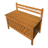 Banc coffre vintage 1960 chêne clair et  tressage rotin 