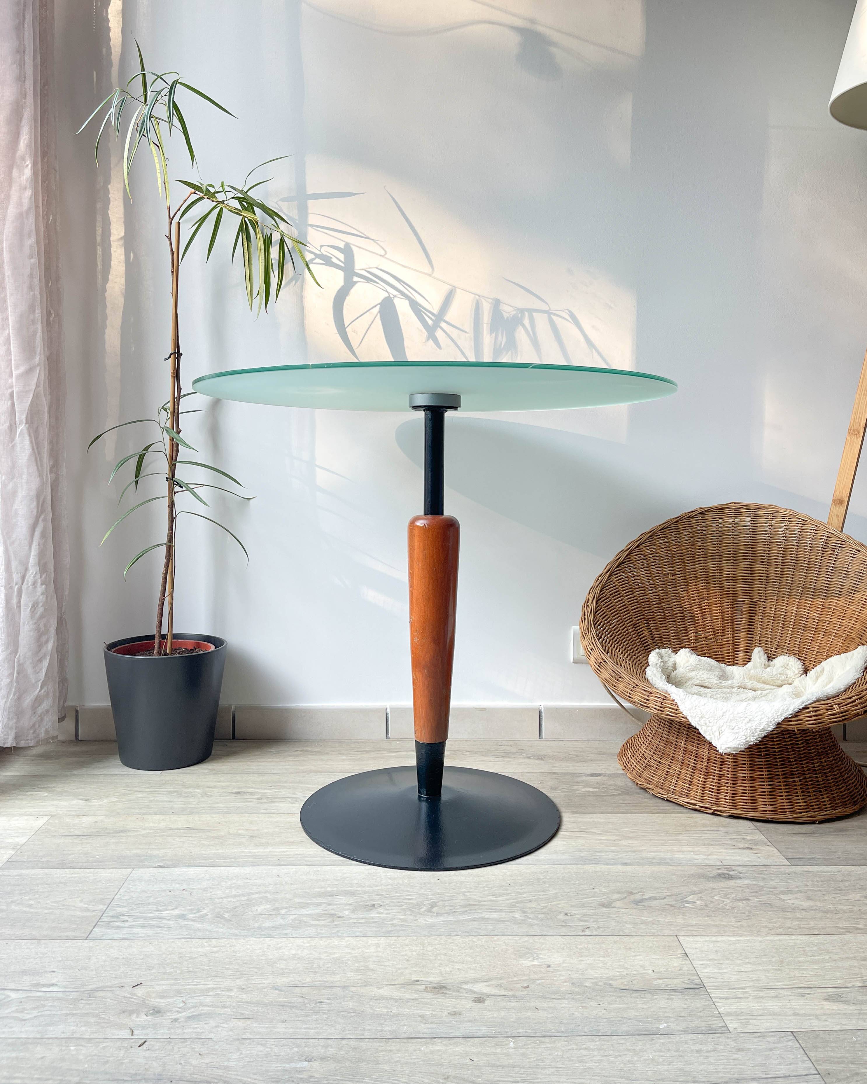 Vintage round mushroom table in wood and glass, 1970s