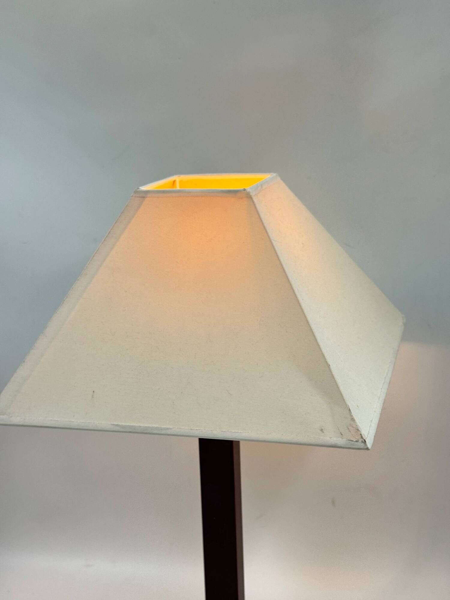 Vintage table lamp with a square wooden column and brushed steel base.