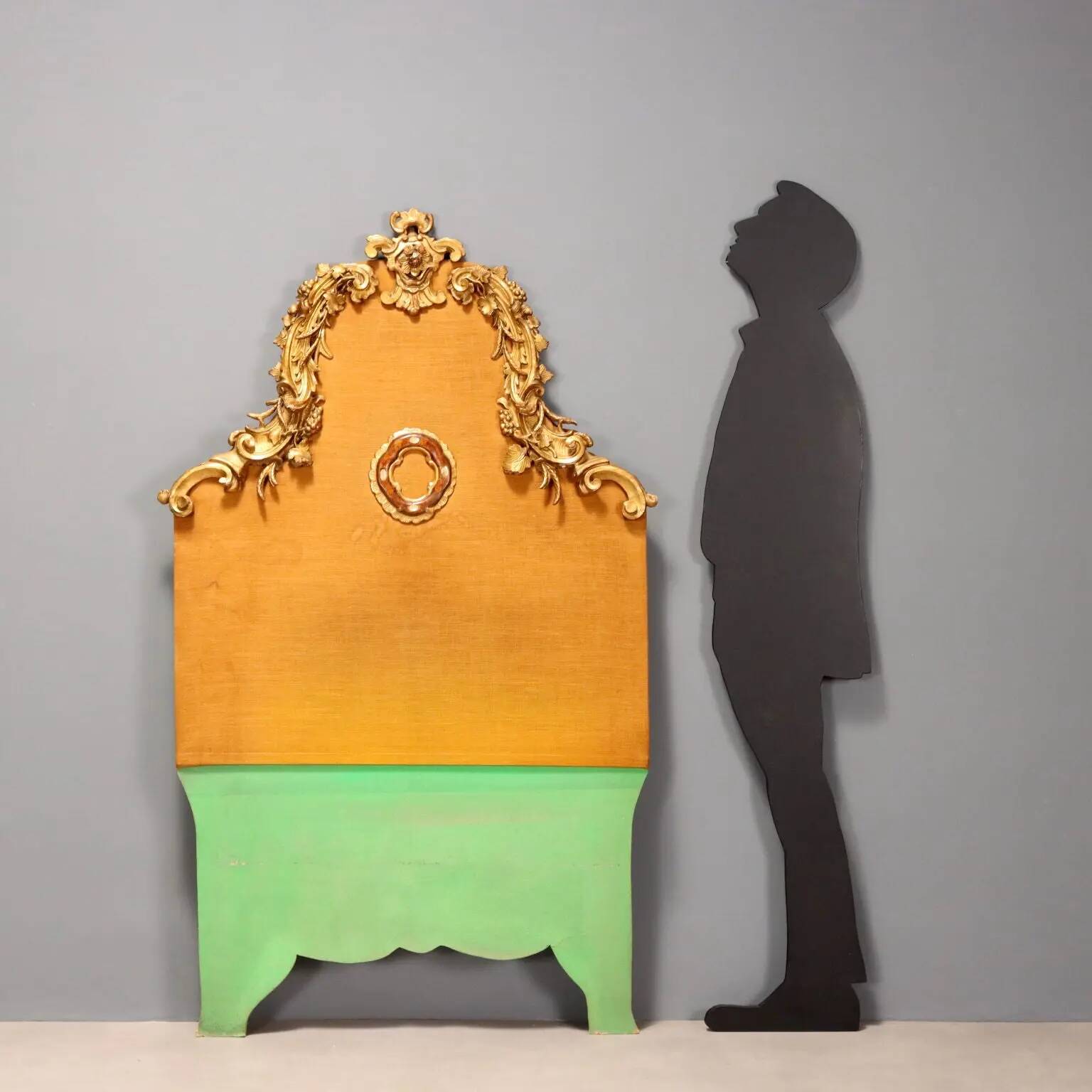 Antique wooden and fabric headboard, Italy, 19th century.