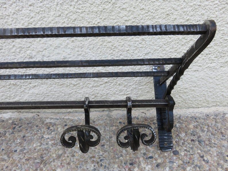 Hammered wrought iron coat rack, sliding pads, Edgard Brandt style, art deco 30s 40s