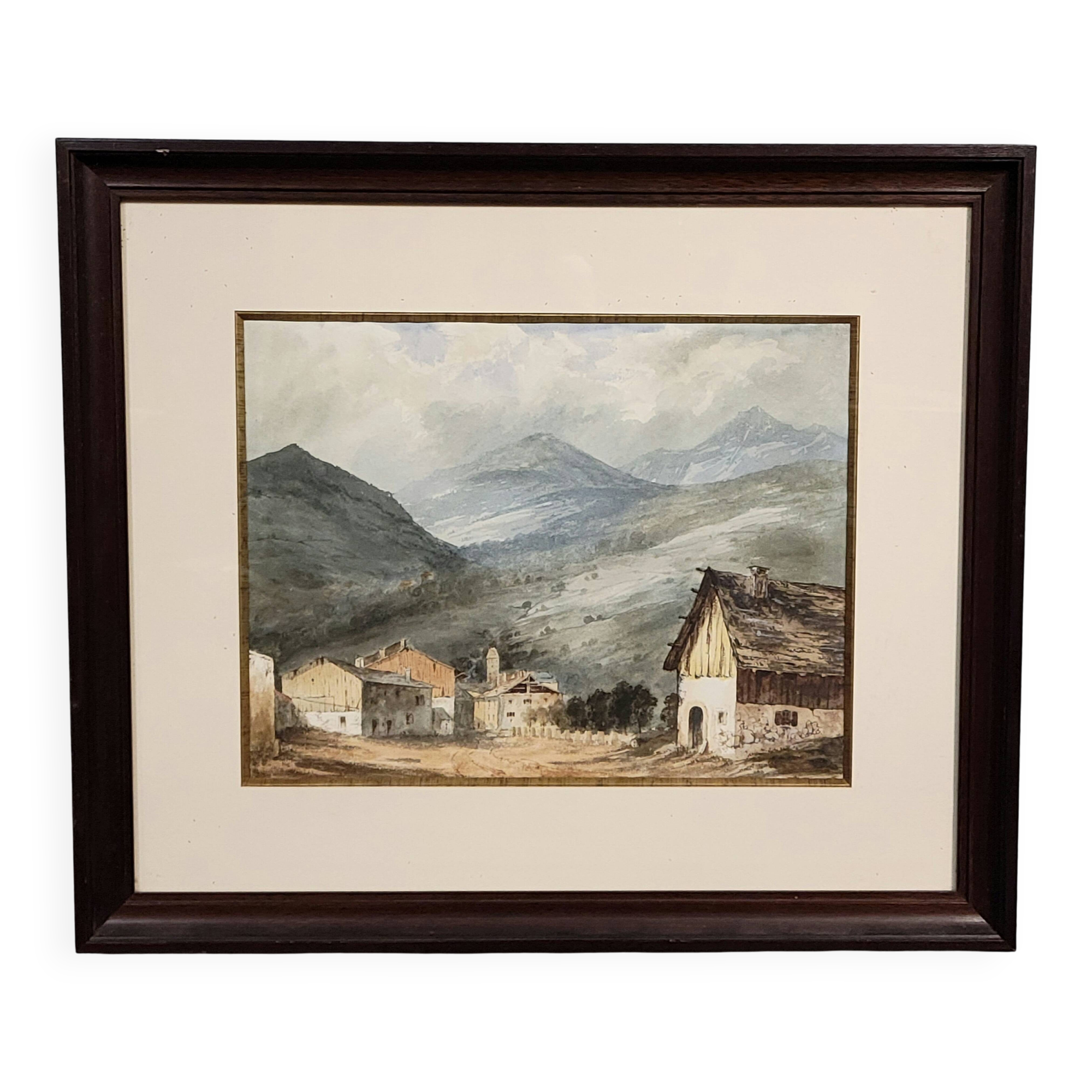 Charming late 19th-century watercolor depicting a peaceful mountain village