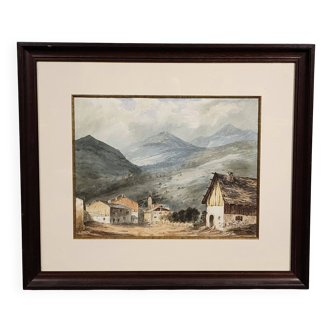 Charming late 19th-century watercolor depicting a peaceful mountain village
