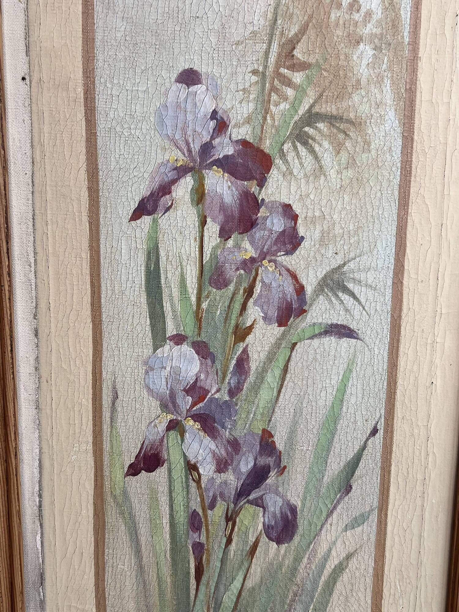 Pair of Art Nouveau Decorative Panels with Purple and Yellow Irises. Work