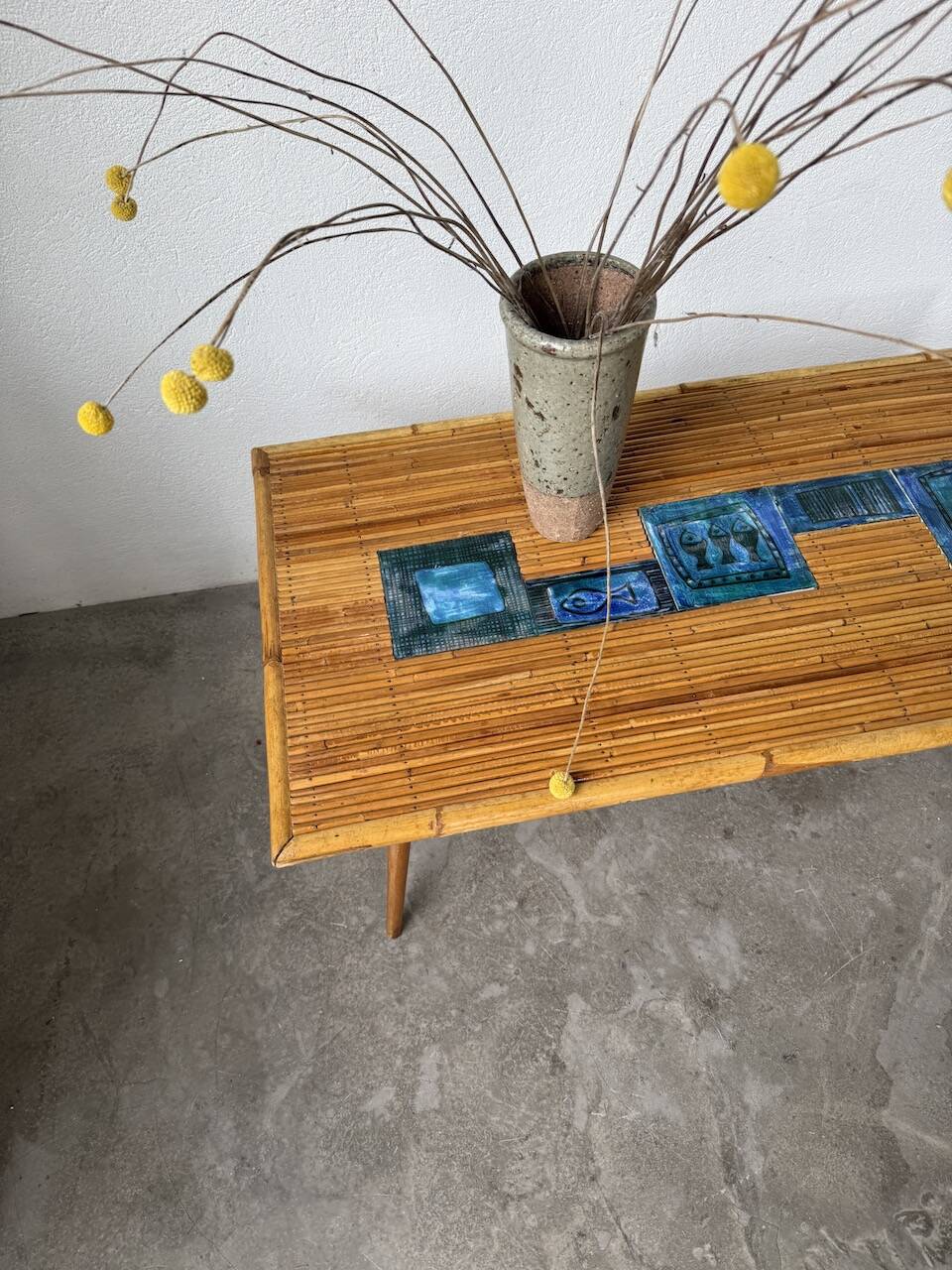Rattan and ceramic coffee table, 60s
