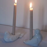 2 Ceramic candle holders shape white bird