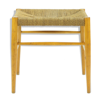 Midcentury stool in oak wood and rope, Czechoslovakia 1960