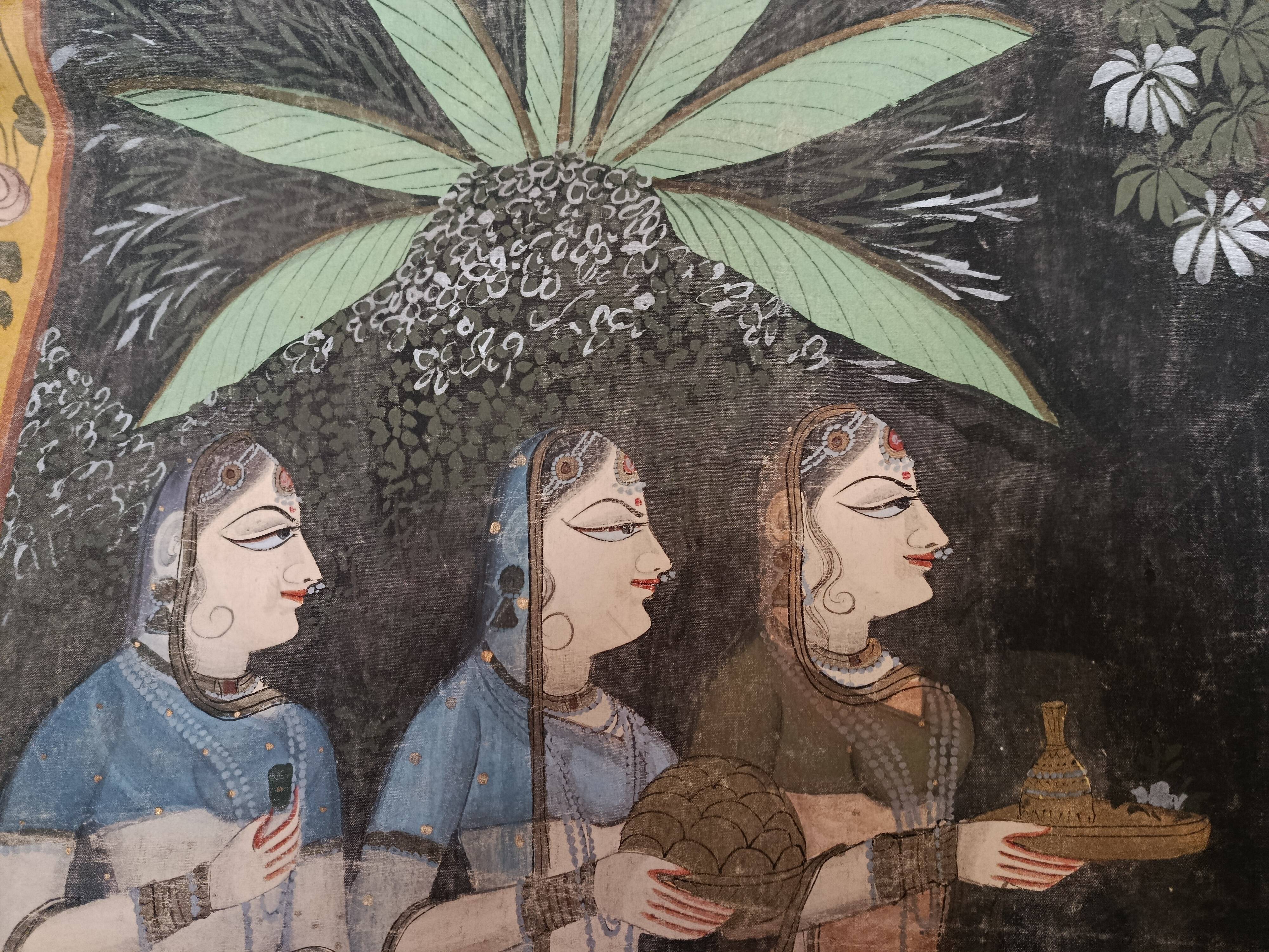 INDIA PICHWAI painting on silk KRISHNA RADHA GOPIS, Kanera Rajasthan mid 20th century
