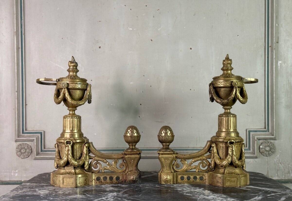 Pair of Louis XVI Style Gilt Bronze Andirons, 19th Century