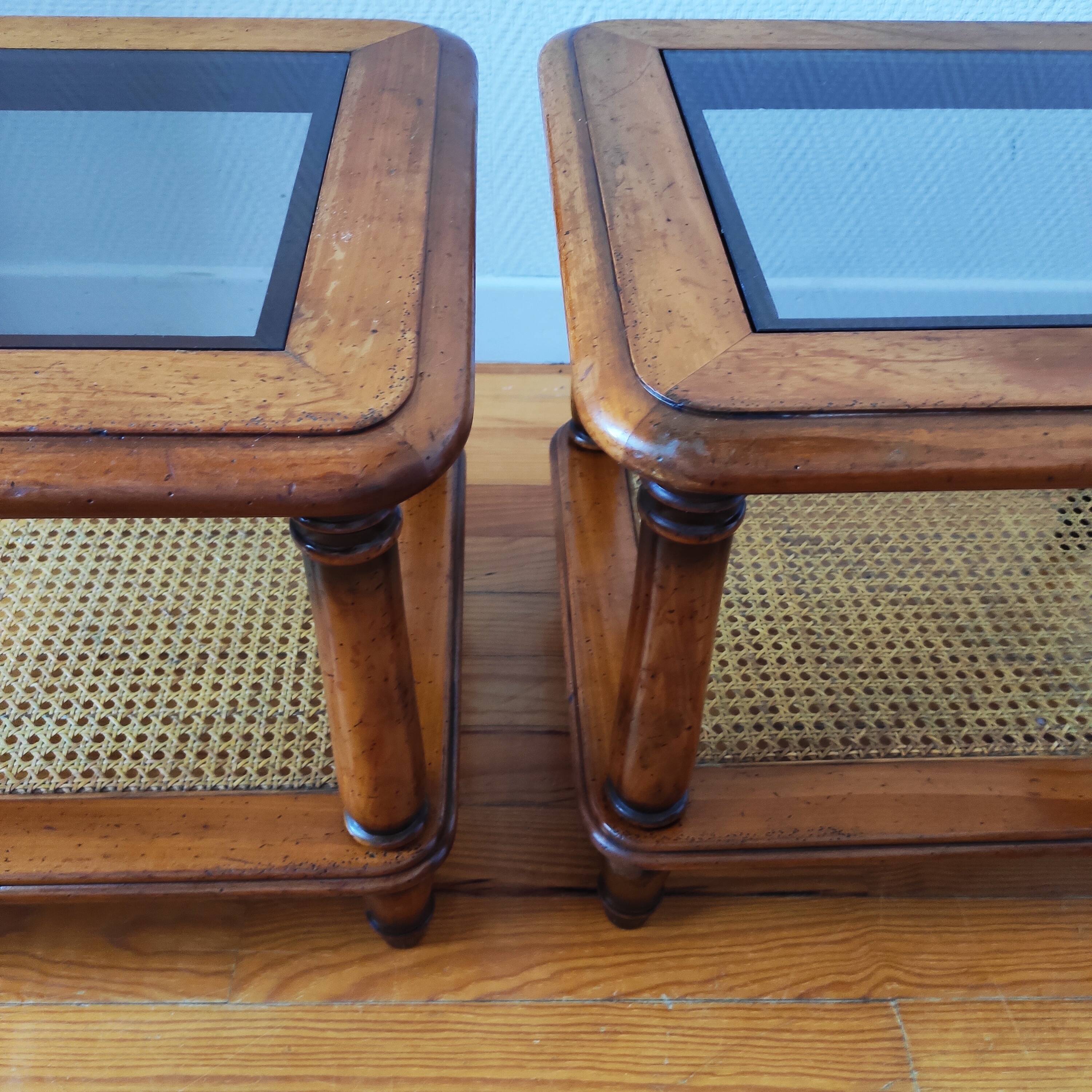 Pair of wooden and cane sofa ends
