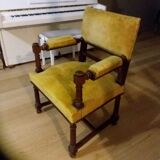 Fauteuil bois et velours jaune moutarde