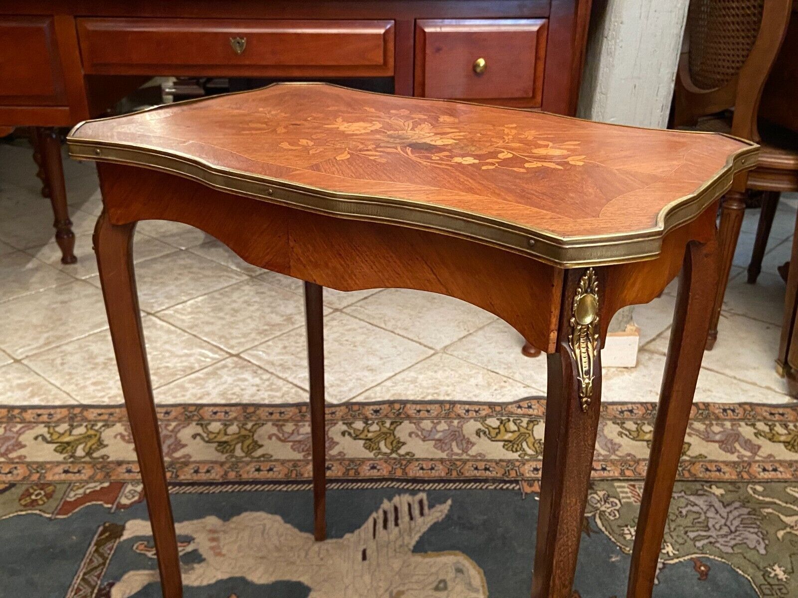 Pedestal table end of sofa decorated inlaid Louis XV style