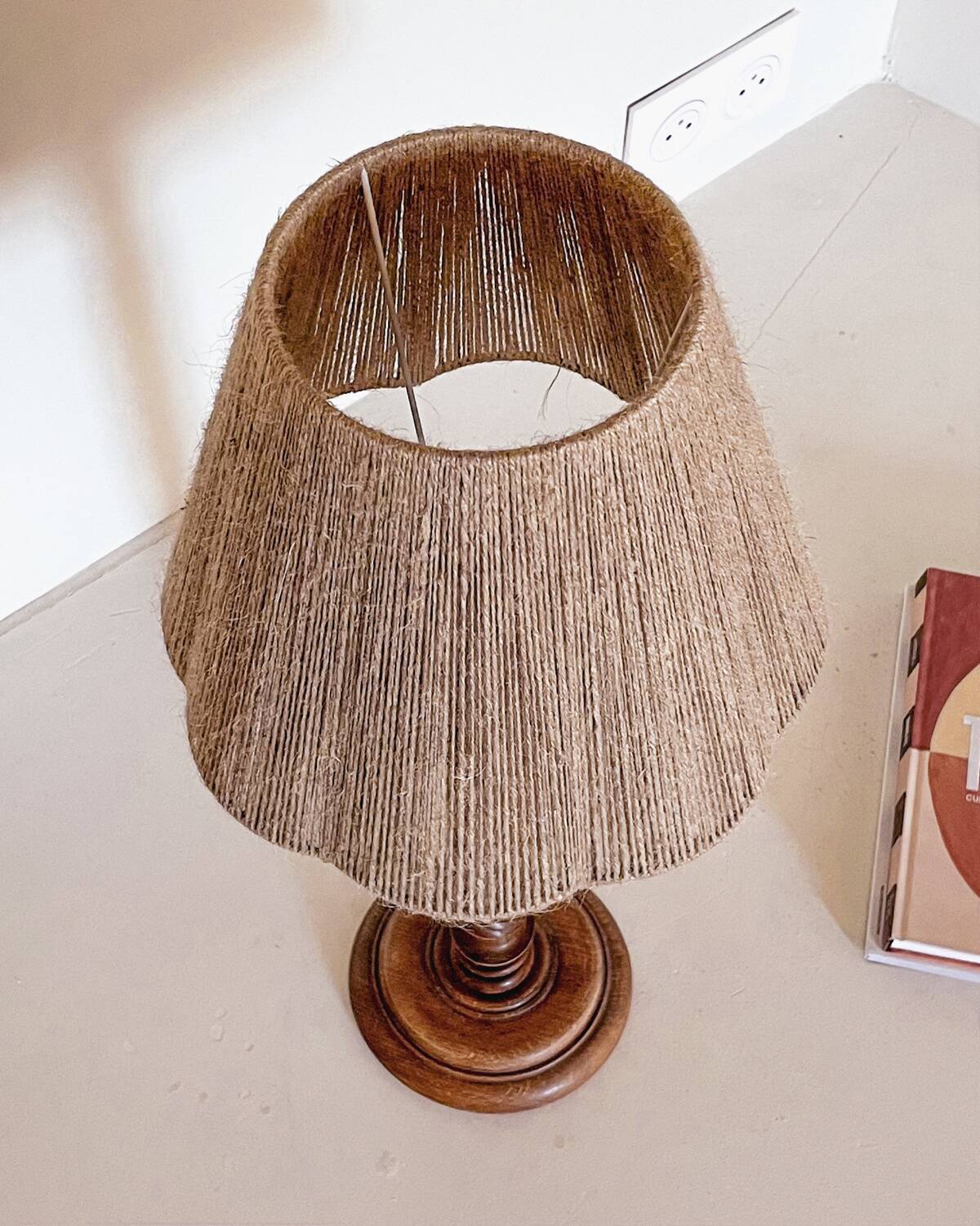 Turned wood lamp and jute lampshade