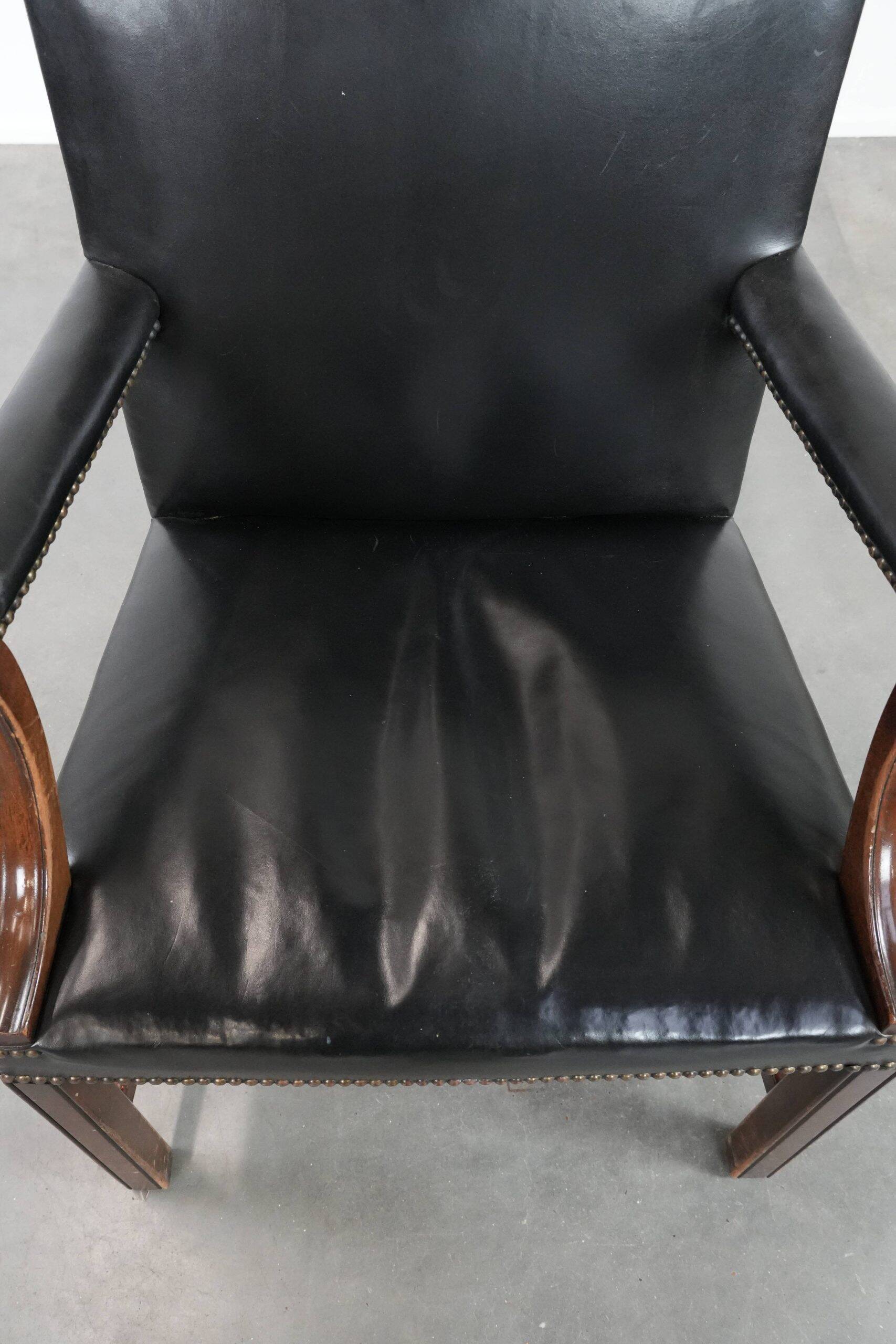 Wooden and black cow leather antique English Gainsborough side/desk/chair