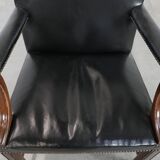 Wooden and black cow leather antique English Gainsborough side/desk/chair