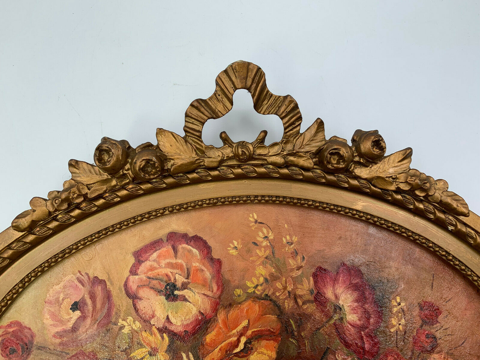 Huile sur panneau bouquet de fleurs 1930 nature morte cadre stuc