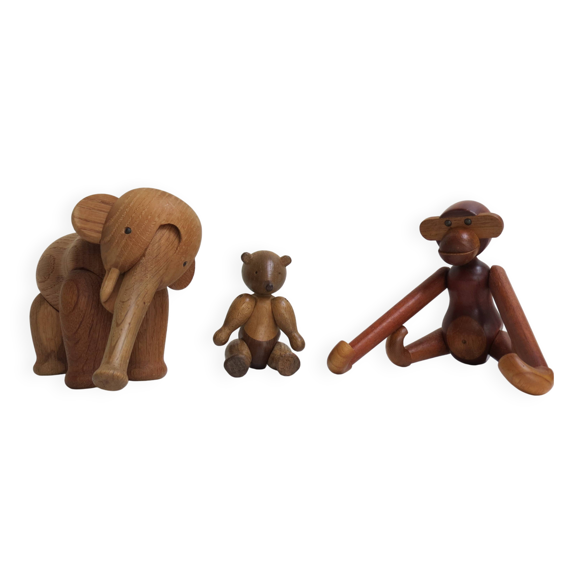 Set of 3 1960s Kay Bojesen Vintage Wooden Toy Monkey Elephant Bear Danish