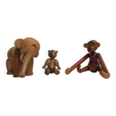 Set of 3 1960s Kay Bojesen Vintage Wooden Toy Monkey Elephant Bear Danish