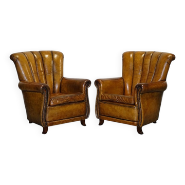 Chaises Style Art Déco Vintage en Cuir Teint à la Main, Set de 2
